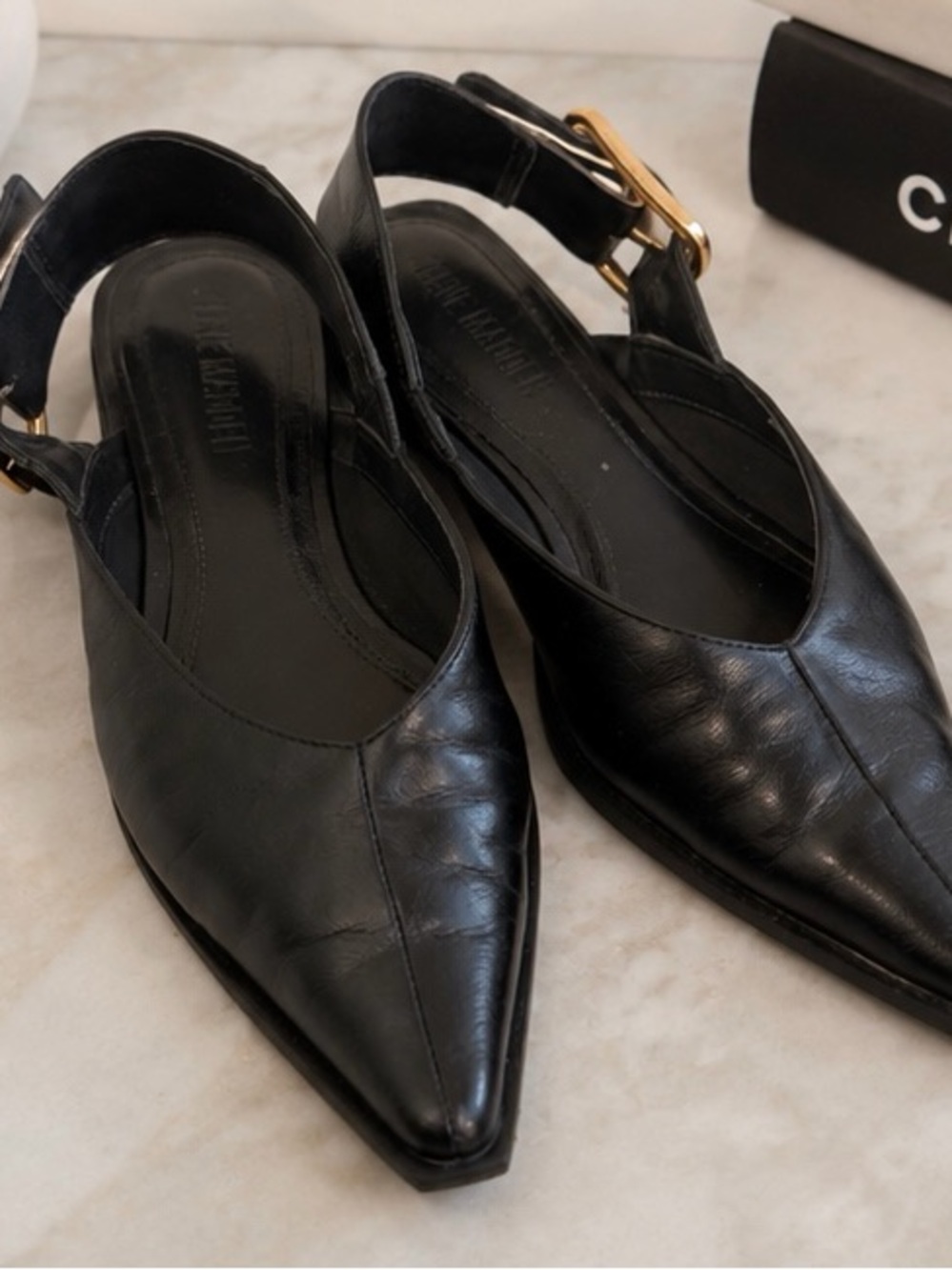Steve Madden Black Pointed Slingback Flats with Gold Buckle Accent